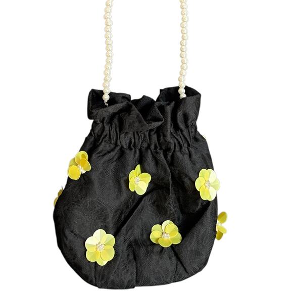 Dream Sister Jane Black Floral Appliqué Drawstring Bag with Pearl Strap - Picture 2 of 7